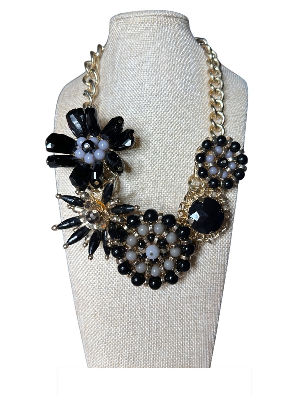 Gold Chain Black Floral Statement Necklace